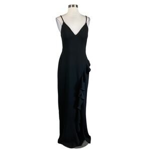 XSCAPE Sleeveless Ruffled Thigh Slit Long Column Evening Gown Black Size 6 Dress